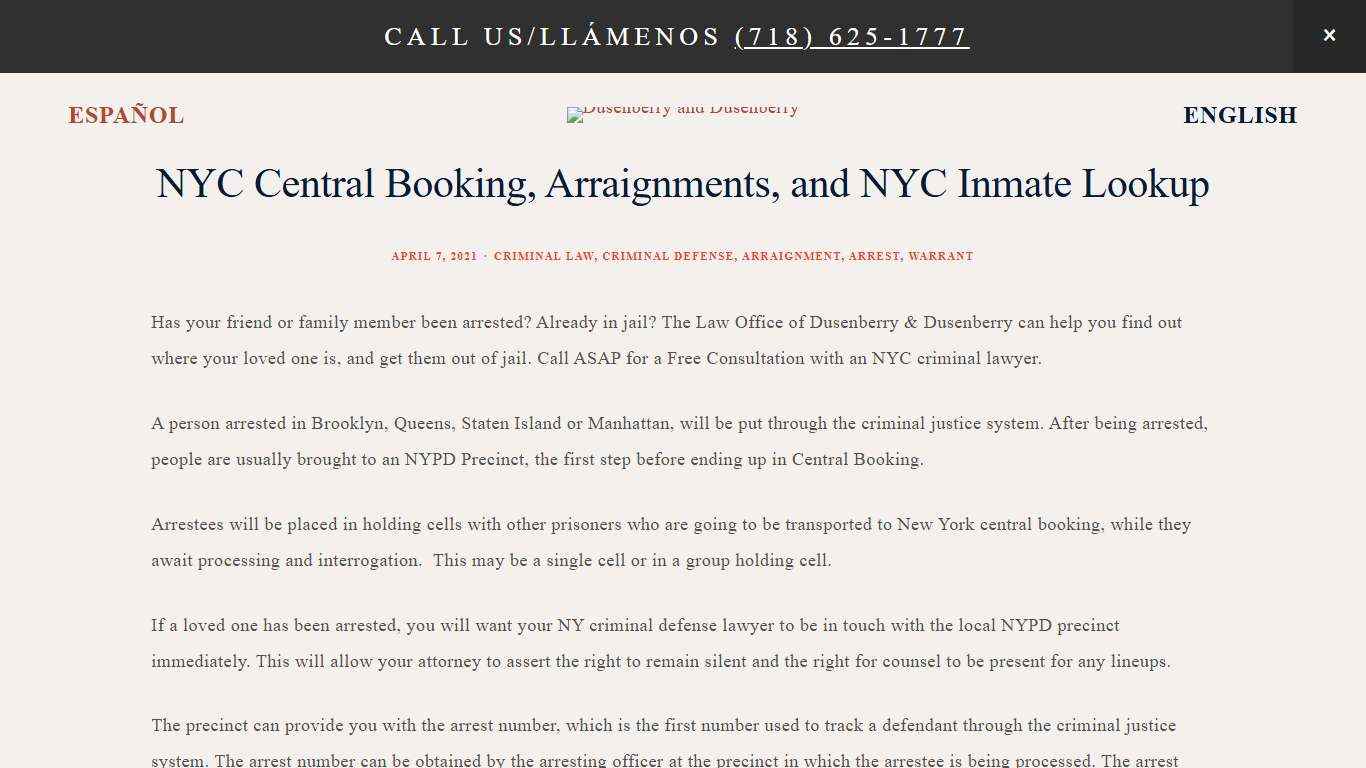 NYC Central Booking, Arraignments, and NYC Inmate Lookup — Dusenberry and Dusenberry