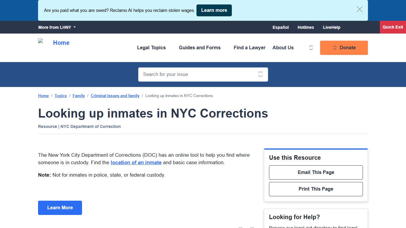 Looking up inmates in NYC Corrections | LawHelpNY
