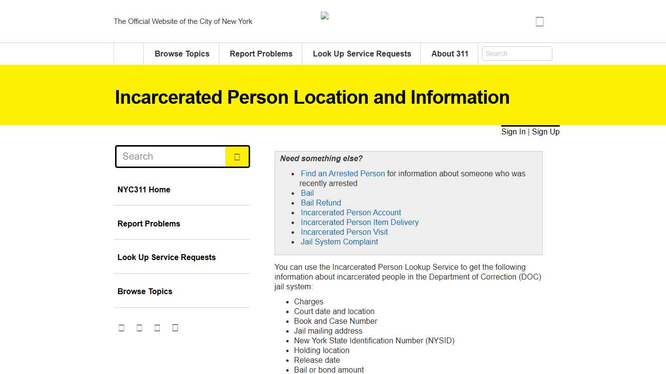 Incarcerated Person Location and Information · NYC311